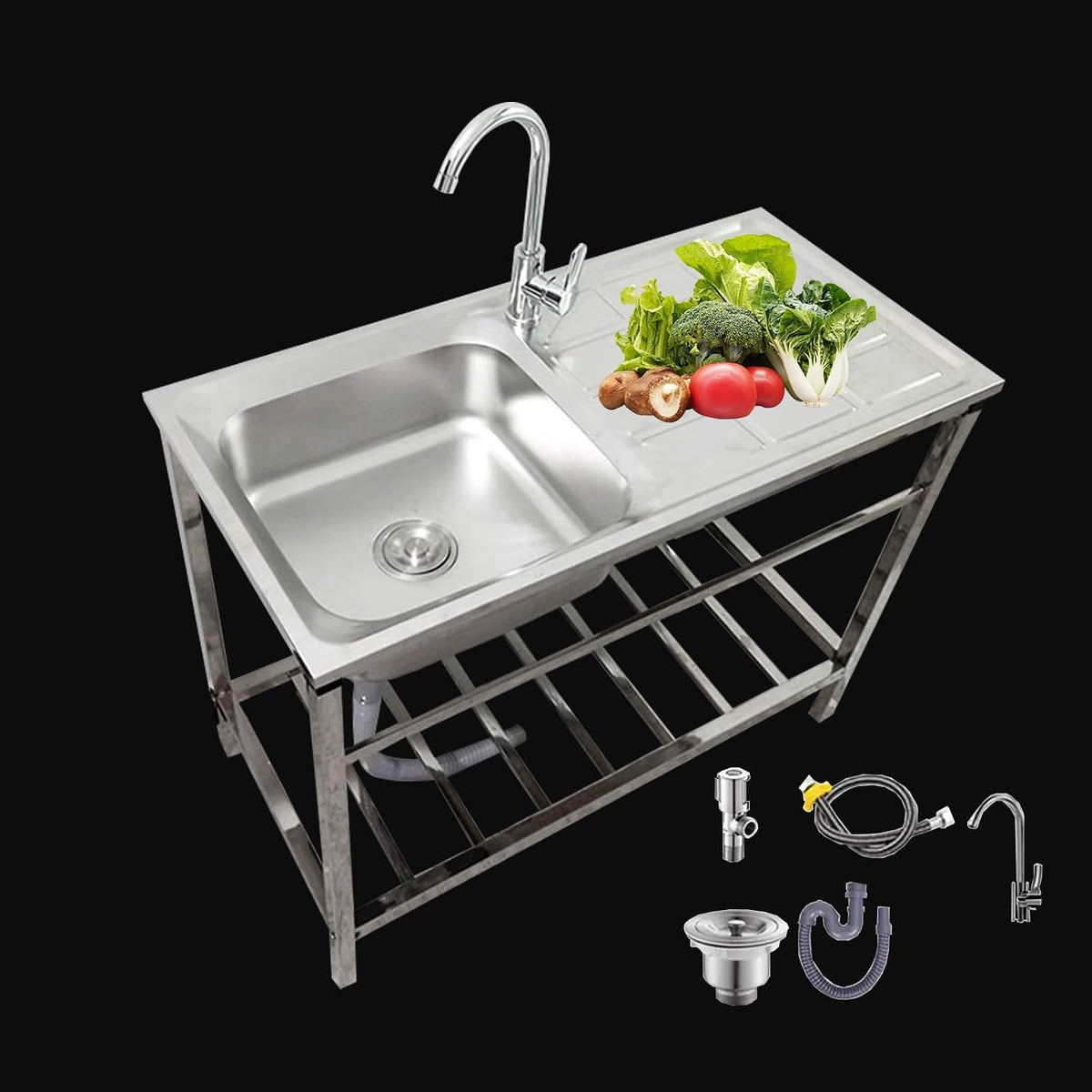 inless Campingspüle aus Stahl, 75 x 40 x 75 cm, wetterfeste Außenspüle mit Wasserhahn & Ablauf, für Küche, Worhop, Grillbereich, Terrasse, Waschbecken für Gartenschlauch
