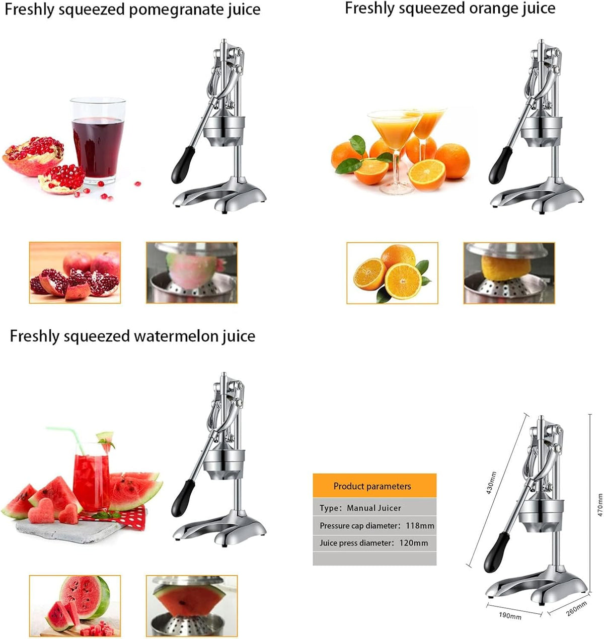 Manuelle Zitruspresse aus Edelstahl, Handpresse, Entsafter für Gewerbe und Haushalt, Zitrus-, Zitronen-, Orangen-, Granatapfel-Fruchtsaft-Extraktor