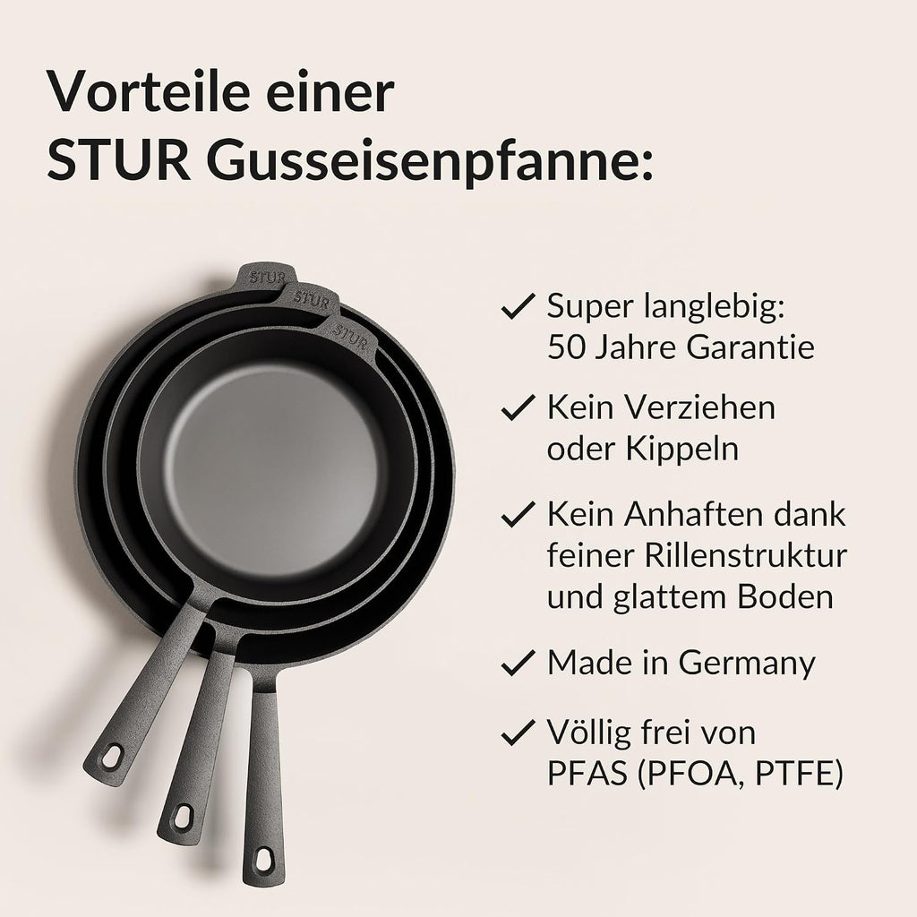 STUR Gusseisenpfanne 28 cm, Cast Iron Pan für alle Herdarten