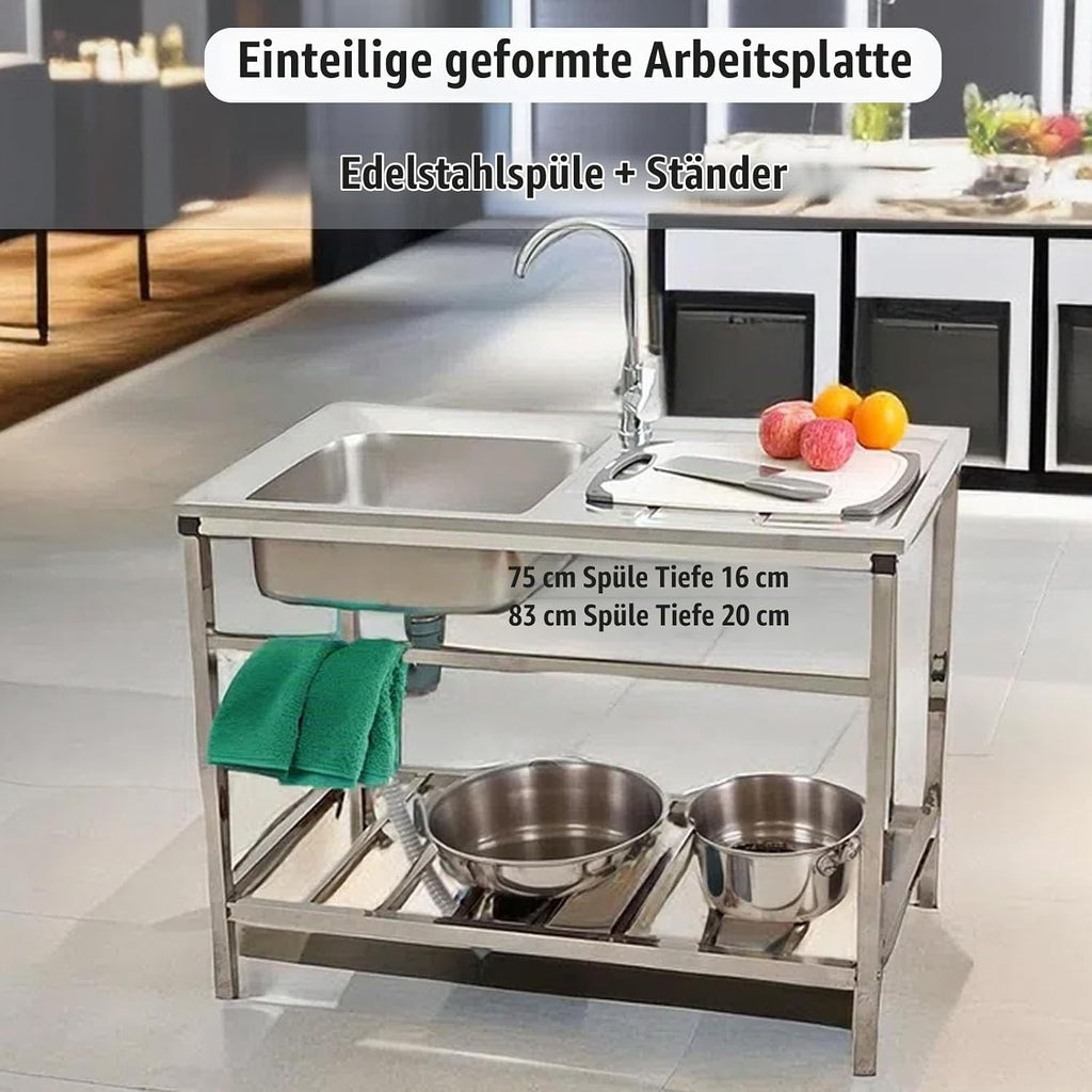 inless Campingspüle aus Stahl, 75 x 40 x 75 cm, wetterfeste Außenspüle mit Wasserhahn & Ablauf, für Küche, Worhop, Grillbereich, Terrasse, Waschbecken für Gartenschlauch