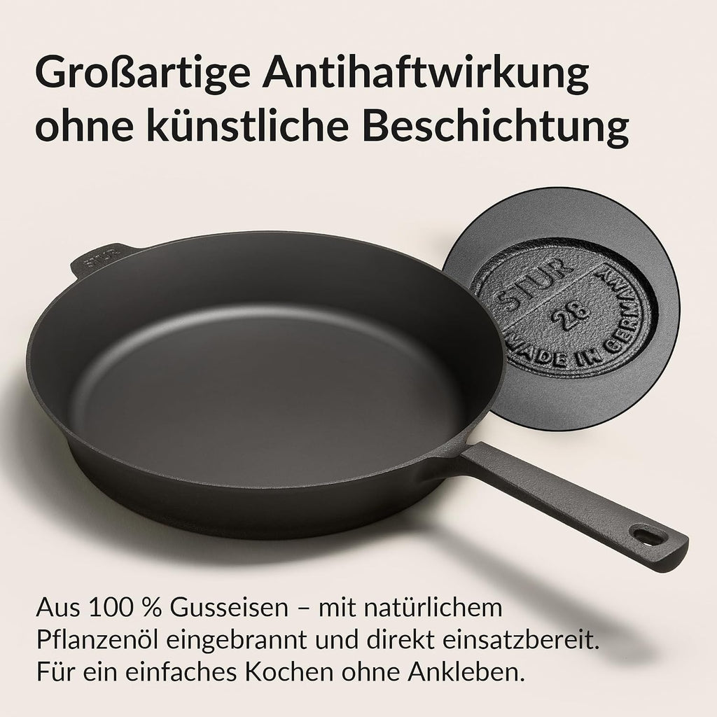 STUR Gusseisenpfanne 28 cm, Cast Iron Pan für alle Herdarten